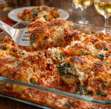 Baked stuffed pasta shells with ricotta, spinach, and melted mozzarella cheese in a glass baking dish.