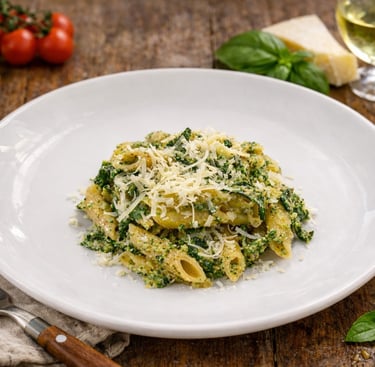 Penne pasta with basil pesto and parmesan cheese on a white plate with white wine and pine nuts.