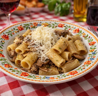 A plate of rigatoni pasta with mushrooms, sausage, and grated parmesan cheese on a red checkered tablecloth.