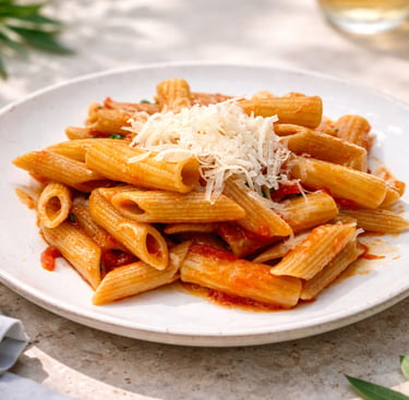 A plate of penne pasta with tomato sauce topped with freshly grated parmesan cheese.