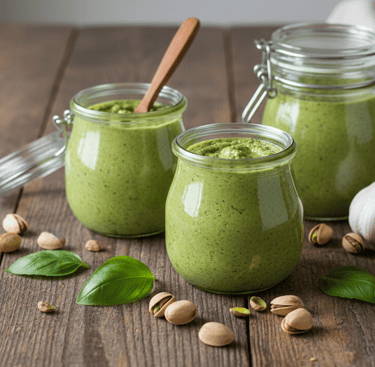 Homemade pistachio basil pesto in glass jars with fresh garlic and nuts on a wooden table.