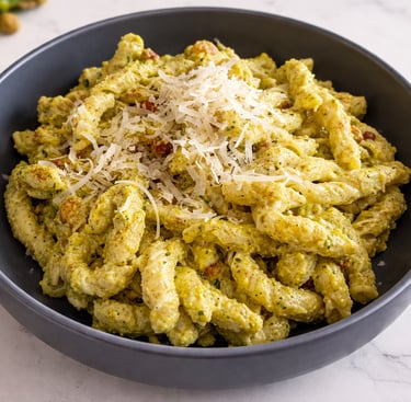 Creamy pesto busiate pasta topped with grated parmesan cheese in a dark bowl on a marble surface.