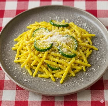 Trofie pasta with sliced zucchini and grated parmesan cheese on a grey plate.