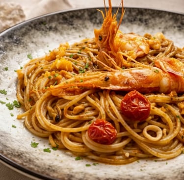 Gourmet seafood spaghetti with grilled prawns, cherry tomatoes, and fresh herbs on a rustic plate.