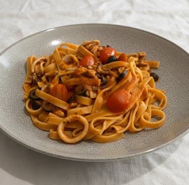 Seafood fettuccine pasta with calamari, cherry tomatoes, and black olives in a savory red sauce.