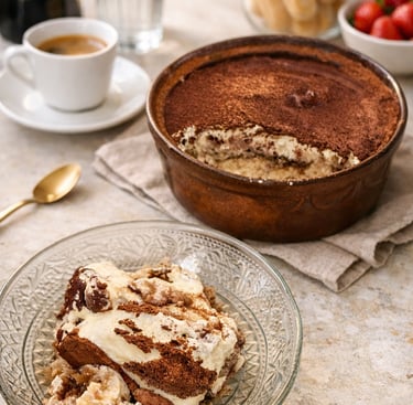 Homemade classic Italian tiramisu served in a glass bowl with espresso and ladyfingers.