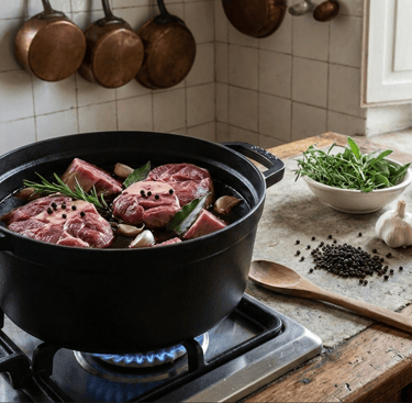 Braised beef osso buco cooking in a Staub cast iron Dutch oven with Chianti wine and fresh herbs.