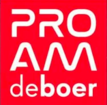 Official PRO AM de Boer logo featuring white typography on a vibrant red background.