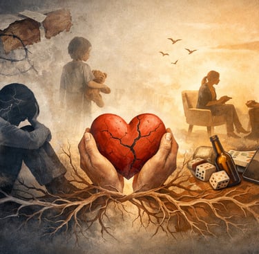 Therapeutic illustration representing trauma and addictive behaviors in the healing pro