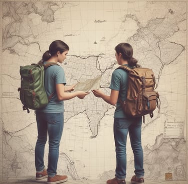 A picture of two people wearing backpacks and looking at a map to plan their journey.