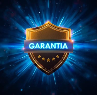 Golden shield with the word GARANTIA illuminated by blue light rays to represent quality guarantee and security.