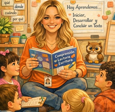 Maestra leyendo cuentos de comprension lectora a estudiantes nivel primario