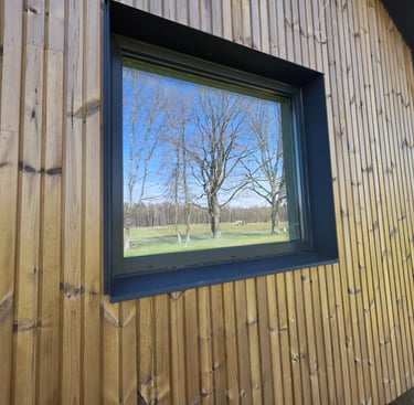 a window with a view of a tree in the background