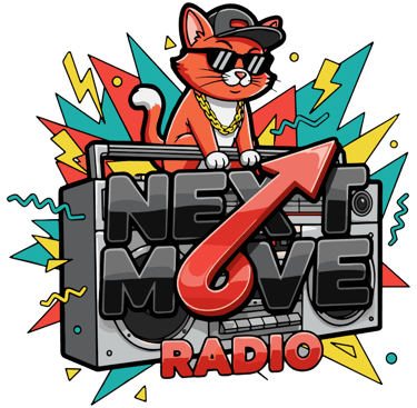 Next Move Radio logo. A cat with a hat and sunglasses on a radio.