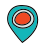 A teal location pin icon with a red circle in the center on a black background.