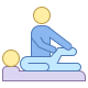 A blue and yellow physical therapy icon showing a therapist stretching a patient's leg.