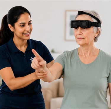 A physical therapist helps a senior patient wearing a vestibular headset perform eye tracking exercises.