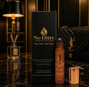 No Ditty Specialty Oils 25% Extrait de Parfum and Jojoba Oil roll-on bottle with brand perfume fragrance oil packaging. Men