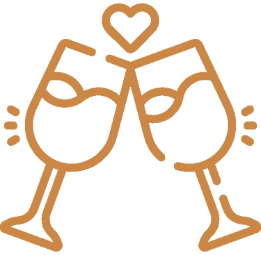 Orange line art icon of two wine glasses clinking in a toast with a heart symbol above them.