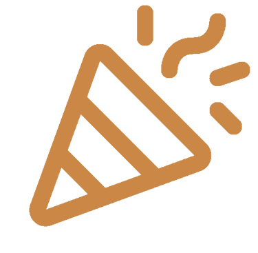 A brown line art icon of a party popper with confetti, representing a celebration or special event.