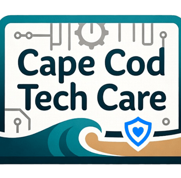 Cape Cod Tech Care logo featuring a laptop screen with ocean waves and a blue security heart shield.
