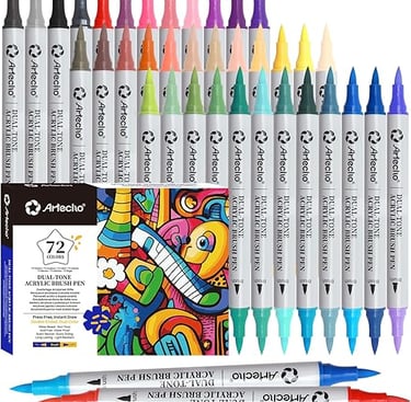A set of 72 Artecho dual-tone acrylic brush pens in vibrant colors for art and calligraphy.
