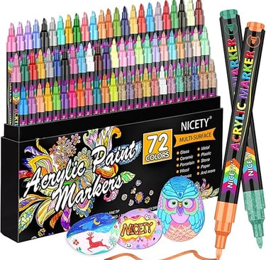 Nicety set of 72 acrylic paint markers for rock painting, ceramic, glass, and wood art projects.