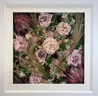 Flower Wall preserved wedding bouquet in a thin white frame