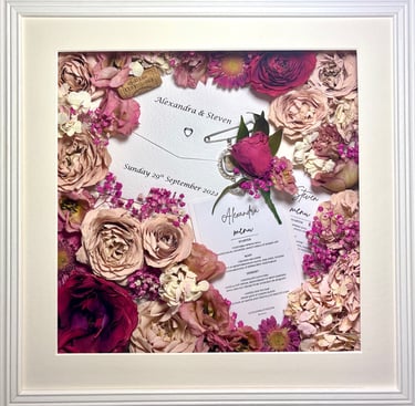 Memory Box frame with preserved flowers and keepsakes in a thin white frame