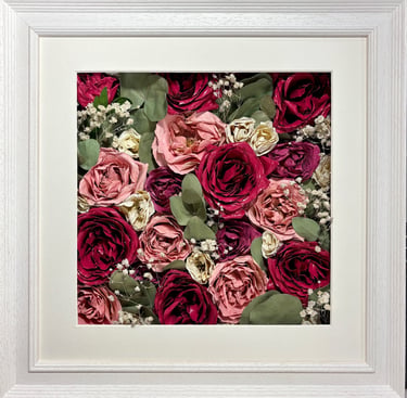 Flower Wall preserved wedding bouquet in a ridged white frame