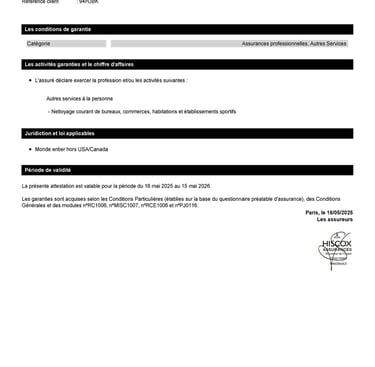 Attestation d’assurance responsabilité civile professionnelle de Klinova
