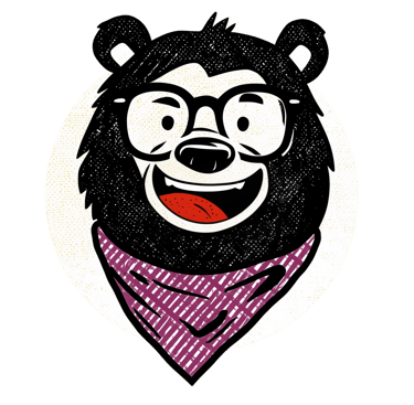 Illustration of a bear wearing glasses and a bandana around his neck. He has an open mouth smile.