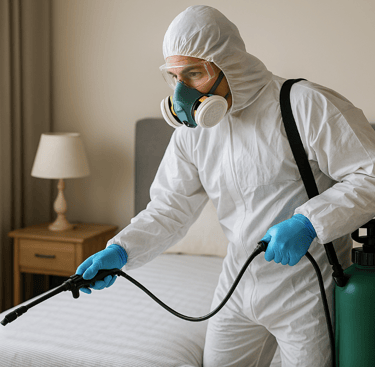 désinsectiseur professionnel pulvérisant un matelas contre les punaises de lit dans une chambre