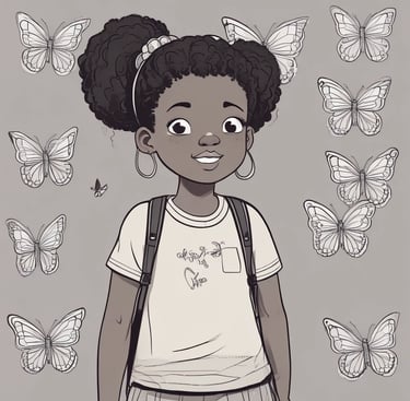 Cartoon image of happy black school girl surrounded by butterflies 