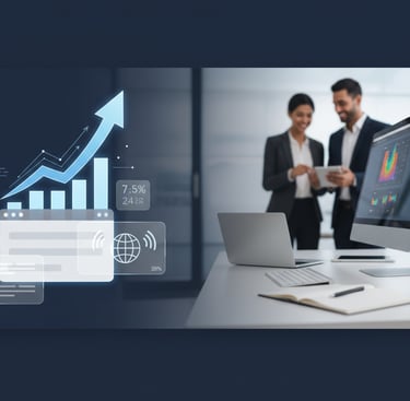 Modern office workspace with a computer monitor displaying analytics, a laptop, and a notebook on a 