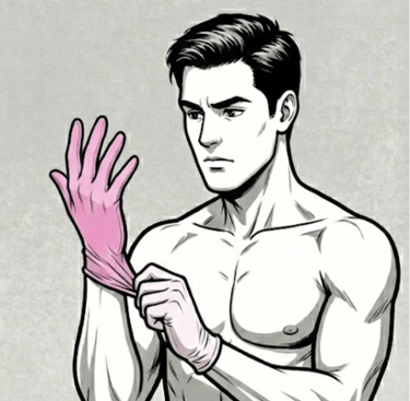 Male cartoon putting on pink latex glove