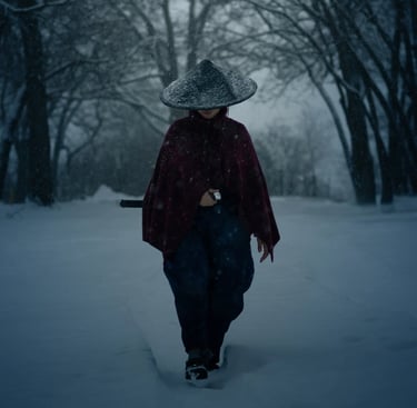 Cosplayer samurái caminando bajo la nieve en un bosque invernal