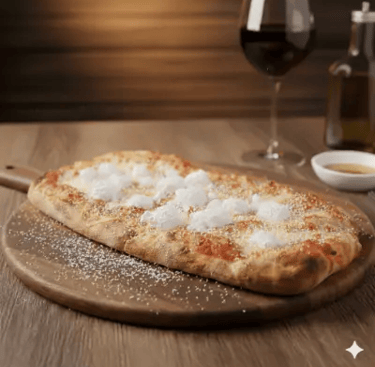 Pinsa romana με τυριά σε ξύλινη βάση