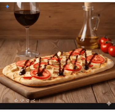 Pinsa romana με κοτόπουλο και σάλτσα ζικ ζακ  σε ξύλινη βάση