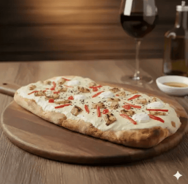 Pinsa romana με λευκή σάλτσα ντομάτα και κοτόπουλο σε ξύλινη βάση
