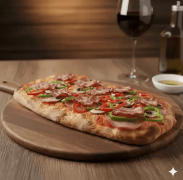 Pinsa romana με λαχανικά και αλλαντικά σε ξύλινη βάση