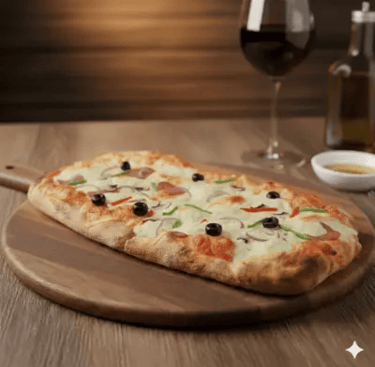 Pinsa romana με σαλάμι λαχανικά  και φυτικό τυρι σε ξύλινη βάση