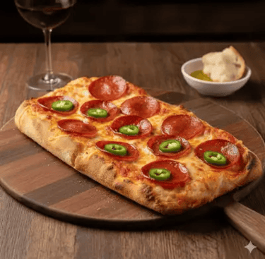 Pinsa romana με σαλάμι και καυτερή πιπεριά σε ξύλινη βάση