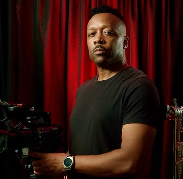Producer, cinematographer, editor, Pryde Pierce in black shirt, red curtain background,