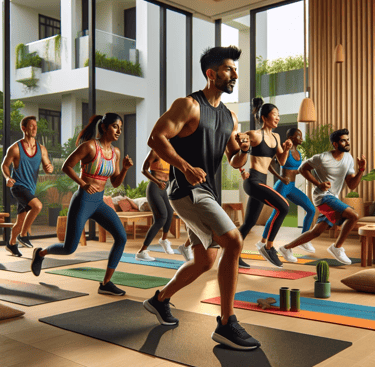A trainer conducting group classes in apartment complexes