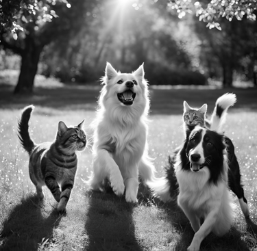 Dog's and cat's playing together in a park