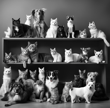 Several dogs and cats sitting together