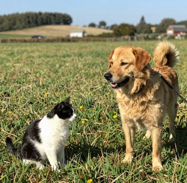 A golden retriever dog and a black and white cat sitting together in a grassy farm field.