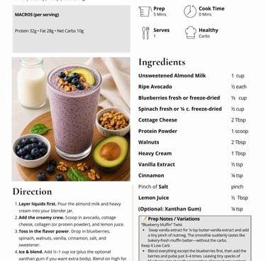 Recipe card for a Blue Walnut Morning Smoothie with ingredients like blueberries, walnuts, and avocado.