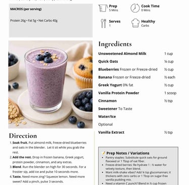Recipe card for a blueberry muffin morning smoothie with protein powder and Greek yogurt.